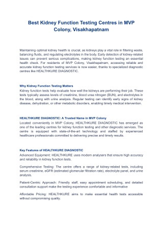 Best Kidney Function Testing Centres in MVP Colony, Visakhapatnam