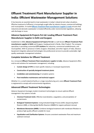 Effluent Treatment Plant Manufacturer Supplier in India - Efficient Wastewater Management Solutions