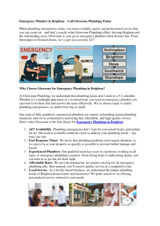 Emergency Plumber in Brighton – Call Glowzone Plumbing Today