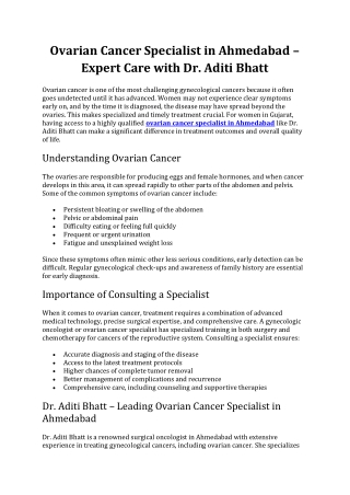 Ovarian Cancer Specialist in Ahmedabad – Expert Care with Dr. Aditi Bhatt