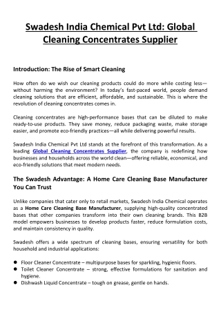 Swadesh India Chemical Pvt Ltd Global Cleaning Concentrates Supplier