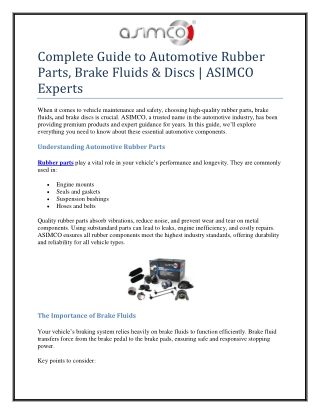 Complete Guide to Automotive Rubber Parts, Brake Fluids & Discs - ASIMCO Experts