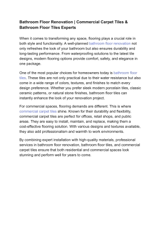 Bathroom Floor Renovation  Commercial Carpet Tiles & Bathroom Floor Tiles Experts