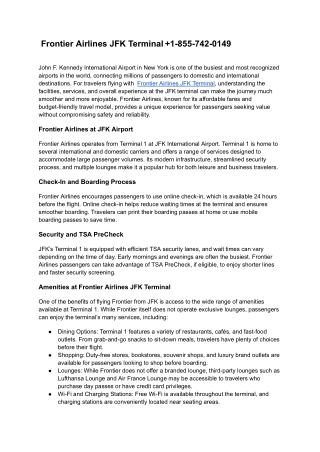 Frontier Airlines JFK Terminal  1-855-742-0149