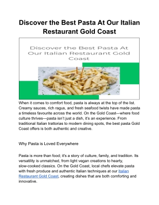 Discover the Best Pasta At Our Italian Restaurant Gold Coast