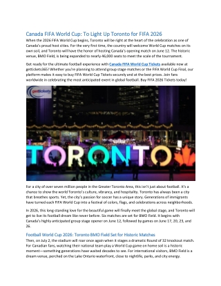 Canada FIFA World Cup To Light Up Toronto for FIFA 2026