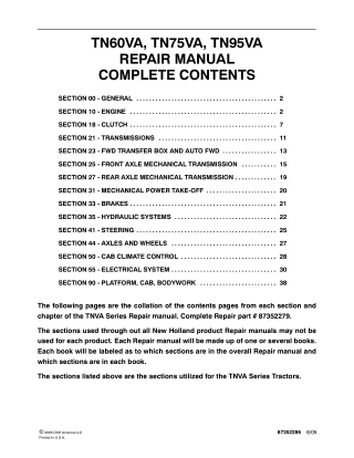 New Holland TN60VA Tractor Service Repair Manual Instant Download