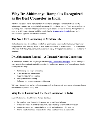 Why Dr. Abhimanyu Rampal is Recognized as the Best Counselor in India