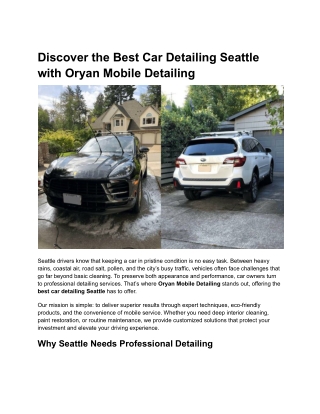 Discover the Best Car Detailing Seattle with Oryan Mobile Detailing
