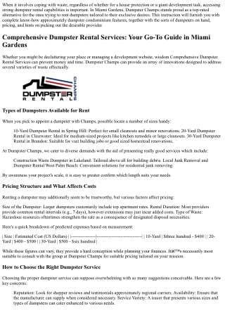 Comprehensive Dumpster Rental Services: Your Go-To Guide in Miami Gardens