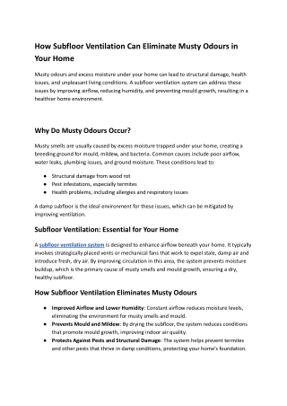 How Subfloor Ventilation Can Eliminate Musty Odours in Your Home