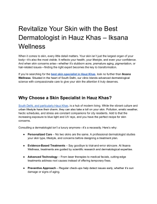 Revitalize Your Skin with the Best Dermatologist in Hauz Khas – Iksana Wellness