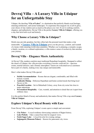 Devraj Villa – A Luxury Villa in Udaipur for an Unforgettable Stay