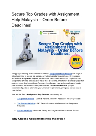 Secure Top Grades with Assignment Help Malaysia – Order Before Deadlines