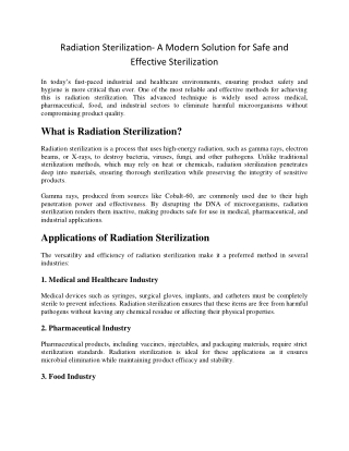 Radiation Sterilization- A Modern Solution for Safe and Effective Sterilization