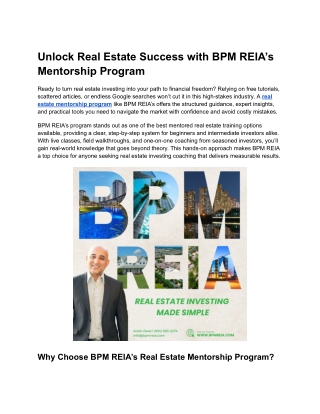 Unlock Real Estate Success with BPM REIA’s Mentorship Program