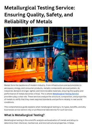 Metallurgical Testing Service Ensuring Quality, Safety, and Reliability of Metals