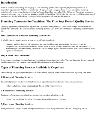 Plumbing Contractor in Coquitlam: A Comprehensive Overview