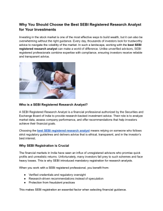 Why You Should Choose the Best SEBI Registered Research Analyst for Your Investments