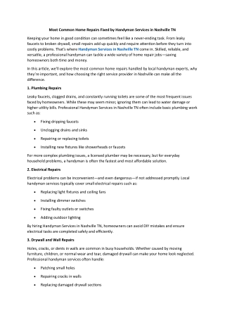 Most Common Home Repairs Fixed by Handyman Services in Nashville TN