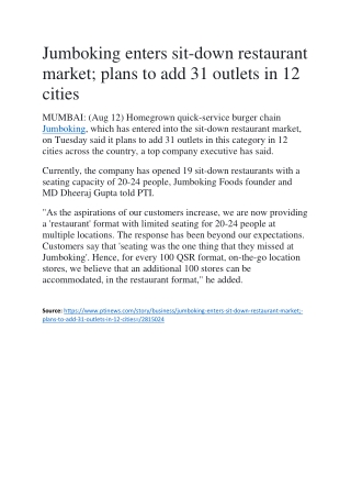 Jumboking enters sit-down restaurant market; plans to add 31 outlets in 12 citie