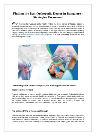 Finding the Best Orthopedic Doctor in Bangalore, Strategies Uncovered