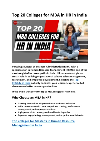 Top 20 Colleges for MBA in HR in India