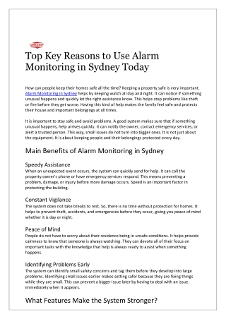 Top Key Reasons to Use Alarm Monitoring in Sydney Today