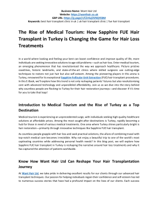 How Sapphire FUE Hair Transplant in Turkey is Changing the Game for Hair Loss Treatments