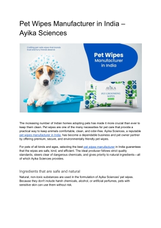 Pet Wipes Manufacturer in India – Ayika Sciences