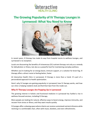 The Growing Popularity of IV Therapy Lounges in Lynnwood What You Need to Know