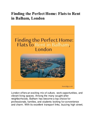 Finding the Perfect Home: Flats to Rent in Balham, London