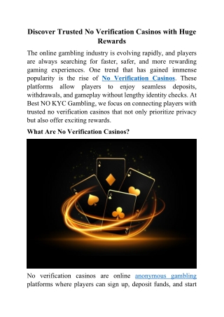 Discover Trusted No Verification Casinos with Huge Rewards