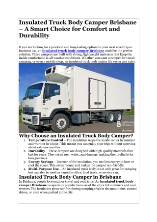 Insulated Truck Body Camper Brisbane – A Smart Choice for Comfort and Durability