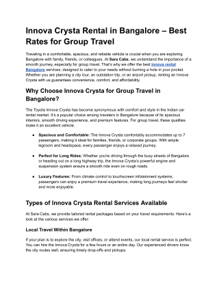 innova car rental bangalore - Sara Cabs