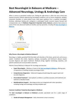 Best Neurologist in Balasore at Medicare