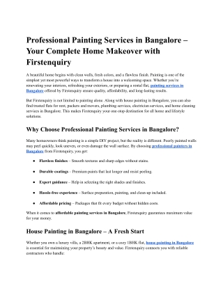 Professional Painting Services in Bangalore – Your Complete Home Makeover with Firstenquiry