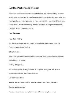 Aastha Packers and Movers