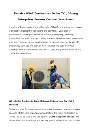 Reliable HVAC Contractors Dallas TX: JDBourg Enterprises Ensures Comfort Year-Round
