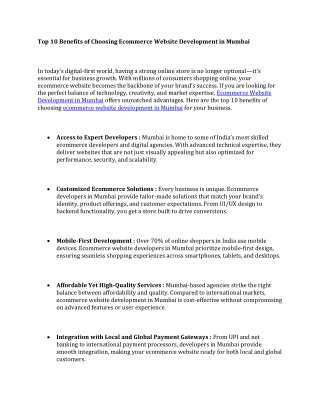 Top 10 Benefits of Choosing Ecommerce Website Development in Mumbai