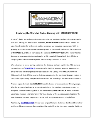 Exploring the World of Online Gaming with MAHADEVBOOK
