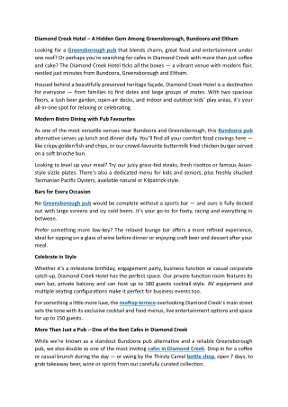 Diamond Creek Hotel – A Hidden Gem Among Greensborough, Bundoora and Eltham