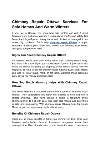 Chimney Repair Ottawa Services For Safe Homes And Warm Winters