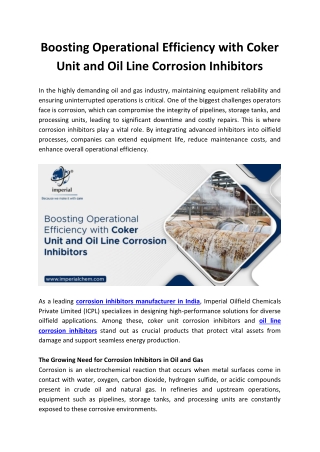Boosting Operational Efficiency with Coker Unit and Oil Line Corrosion Inhibitors