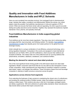 Quality and Innovation with Food Additives Manufacturers in India and HPLC Solvents