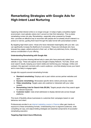 Remarketing Strategies with Google Ads for High-Intent Lead Nurturing
