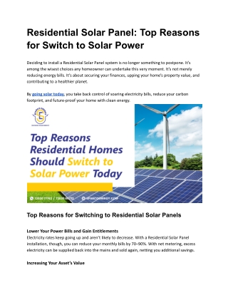 Residential Solar Panel - Top Reasons for Switch to Solar Power - Sparco Energy