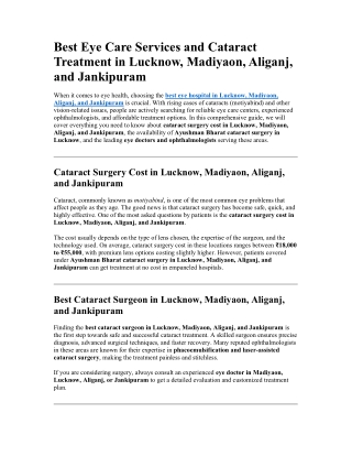 Best Eye Care Services and Cataract Treatment in Lucknow, Madiyaon, Aliganj, and Jankipuram