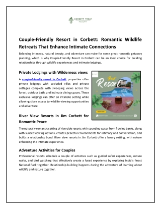 Couple-Friendly Resort in Corbett: Romantic Wildlife Retreats That Enhance Intim