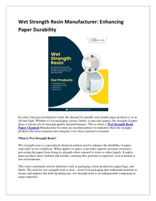 Wet Strength Resin Manufacturer – Enhance Paper Durability and Strength
